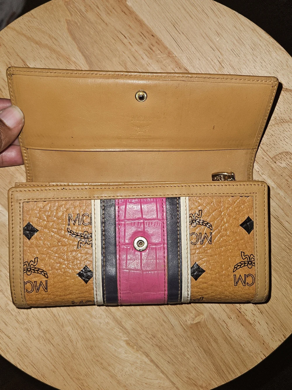MCM Cognac Logo Trifold Wallet with Pink Stripe